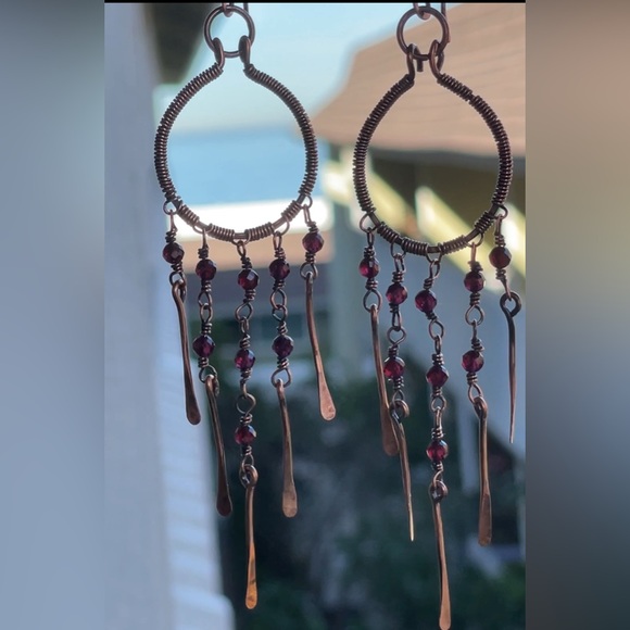 Hand Crafted Copper Red Garnet Crystal Beaded Dangle Chandelier Earrings - Picture 3 of 17